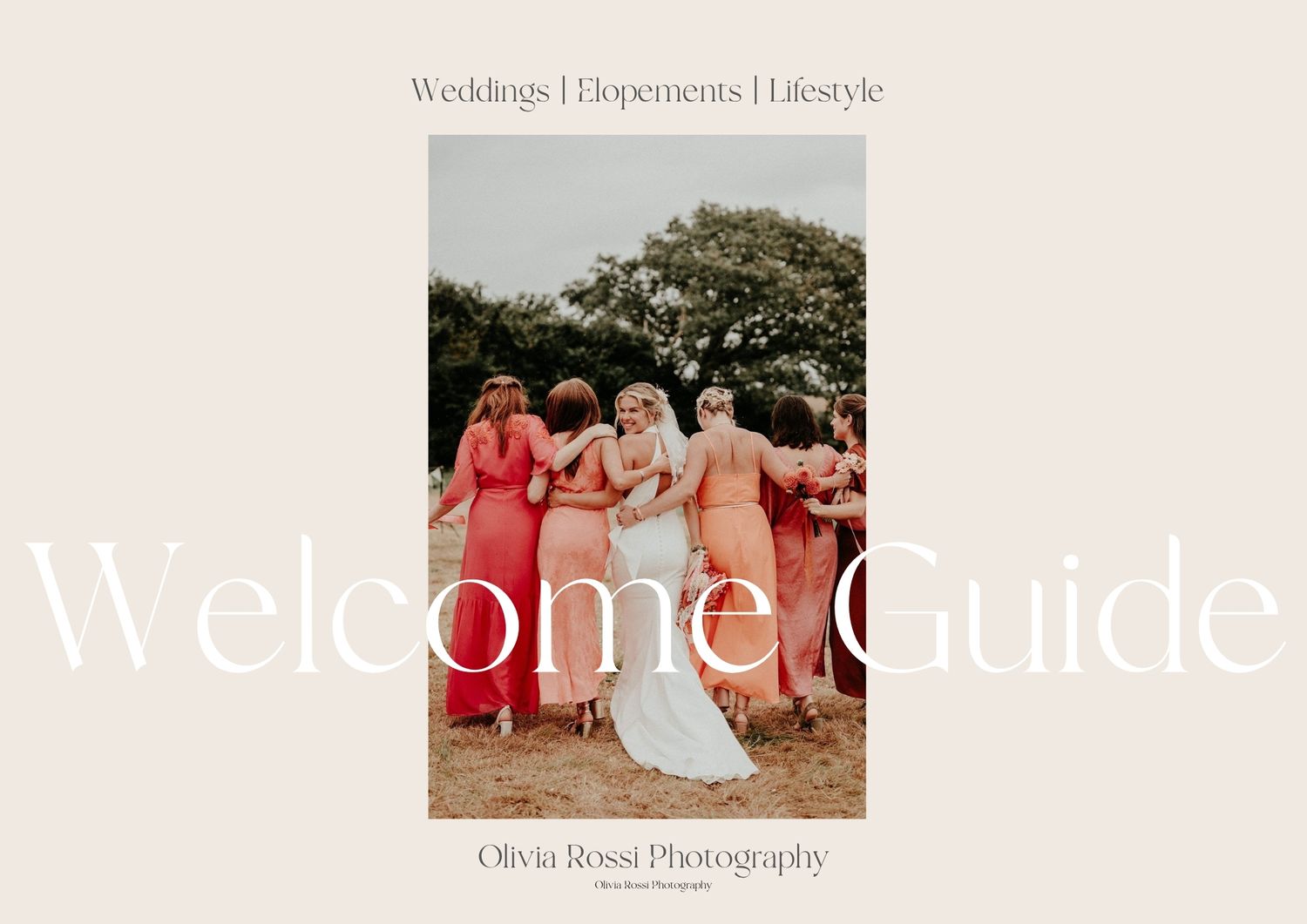 Wedding photography welcome guide cover showing bridal party in coral dresses posing outdoors.