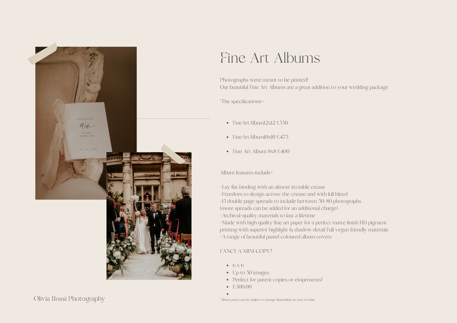 A wedding ceremony scene with guests seated in church pews next to a fine art album mockup on pale pink paper.