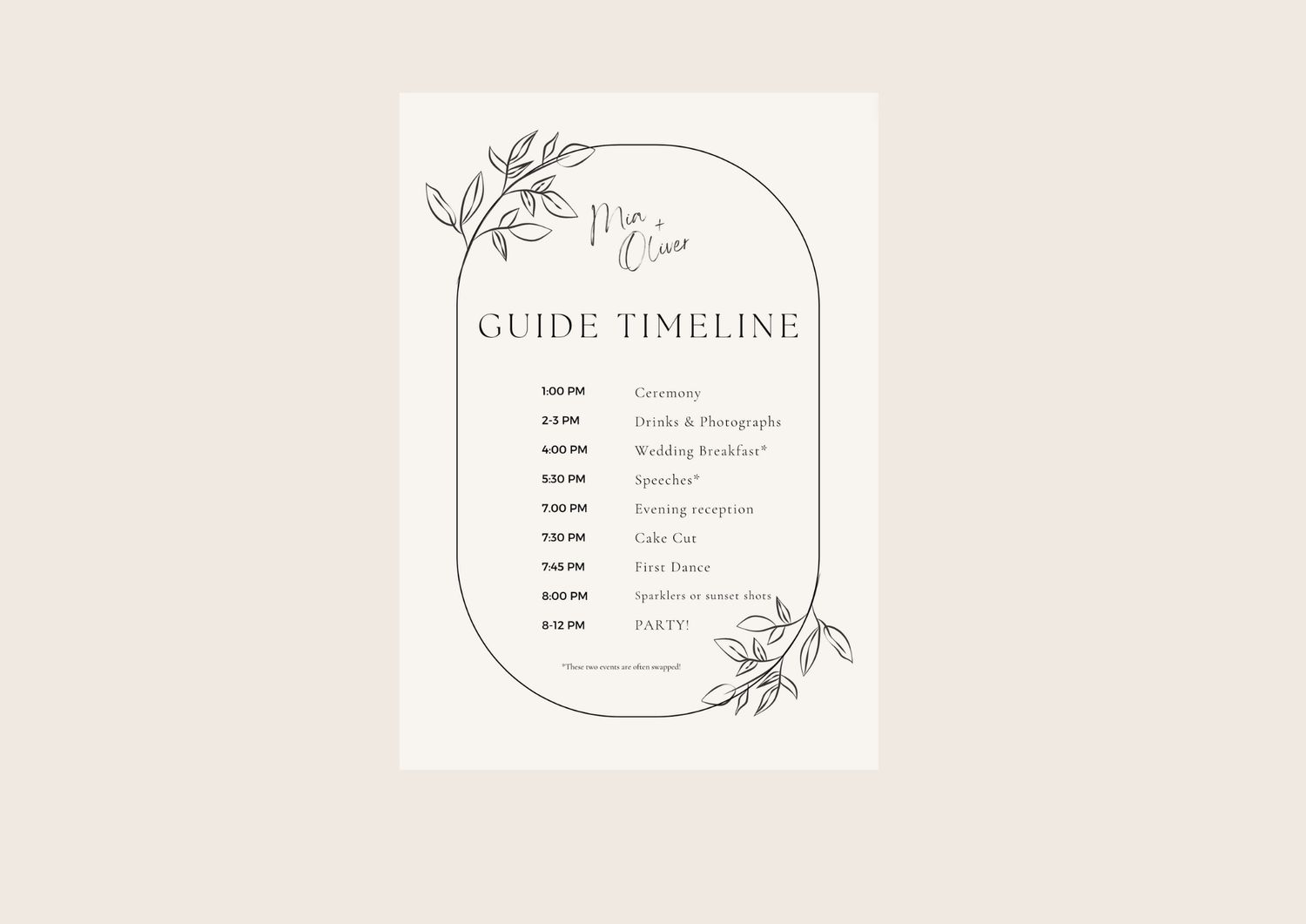 A minimalist wedding timeline design with floral accents and ethereal oval frame displaying event schedule.