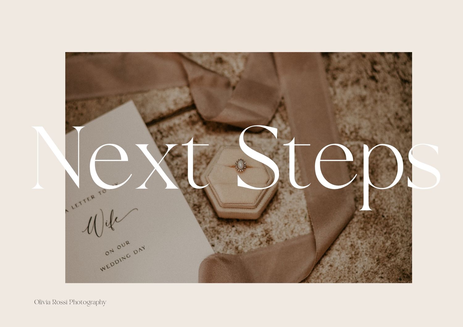 Elegant wedding invitation card with text 'Next Steps' on beige background with decorative ribbon and soft lighting.