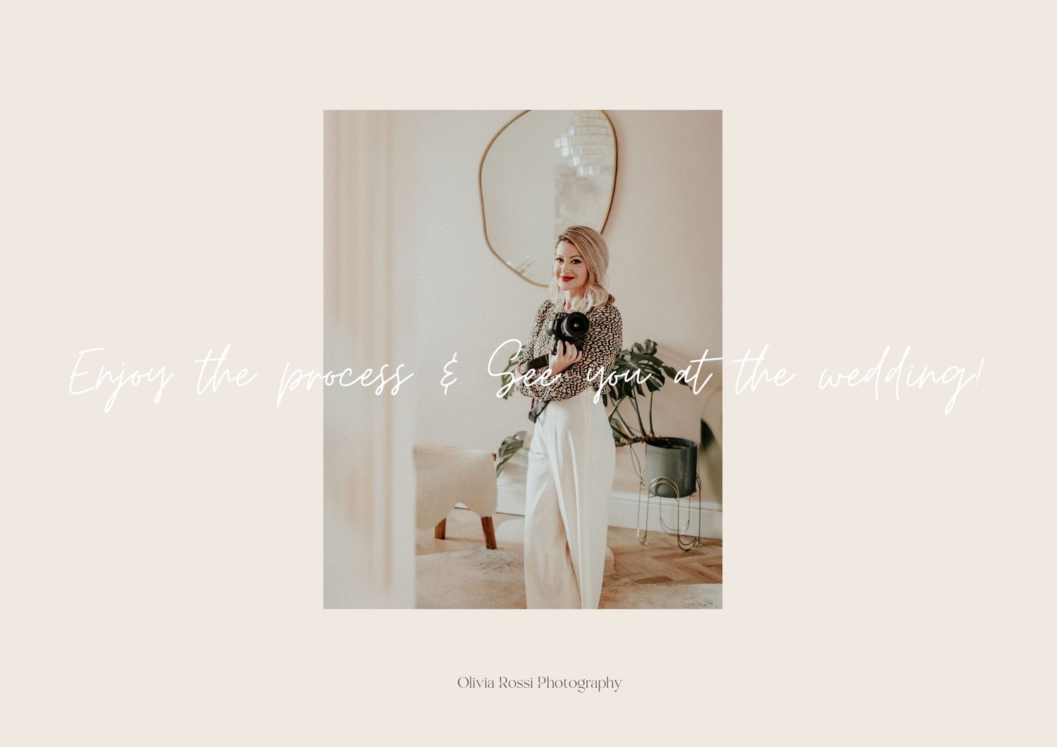 Elegant bridal photo against beige wall featuring white dress and dried floral bouquet in muted natural tones.