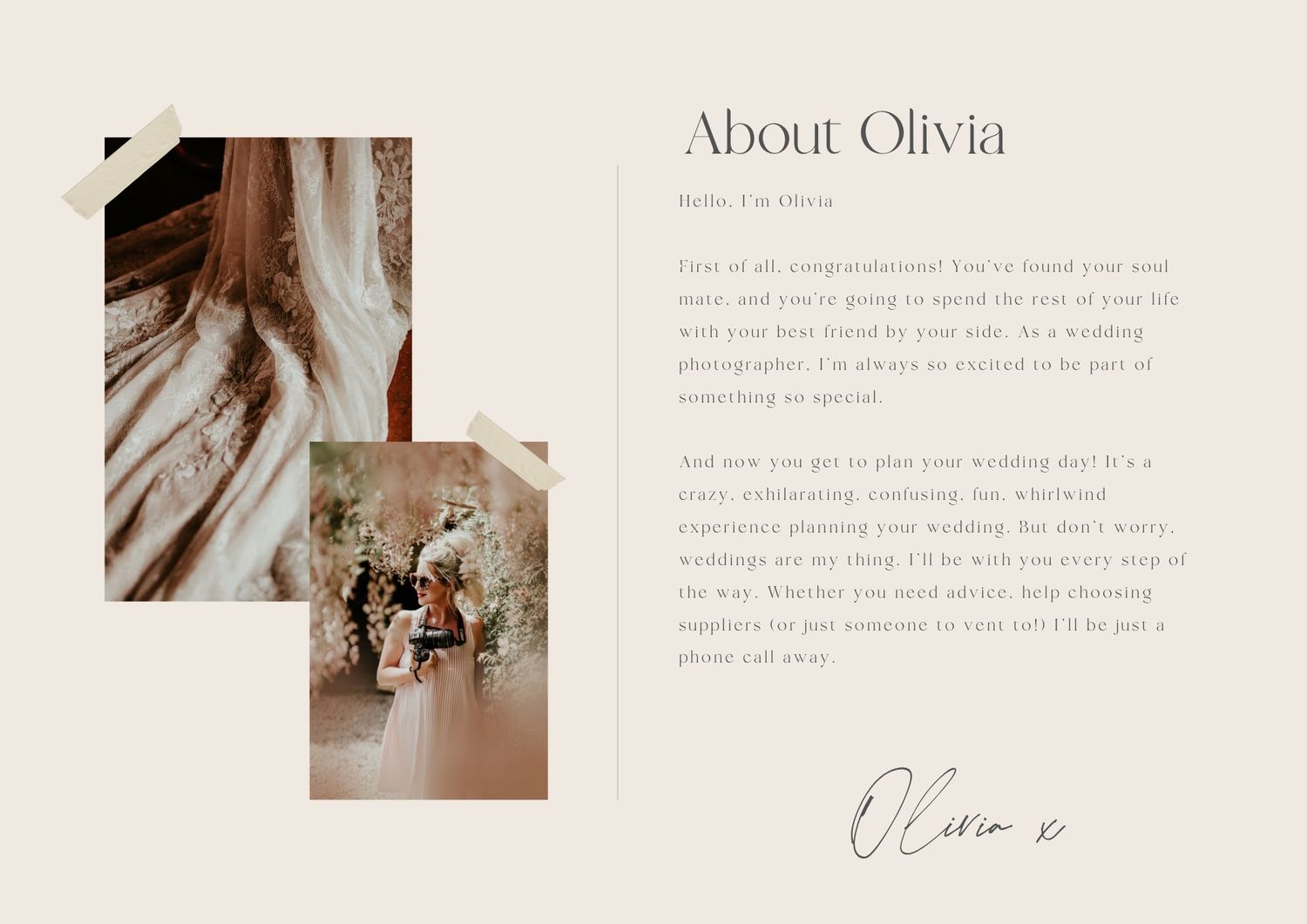 Elegant beige website layout showing wavy blonde hair texture and a romantic wedding portrait in muted tones.