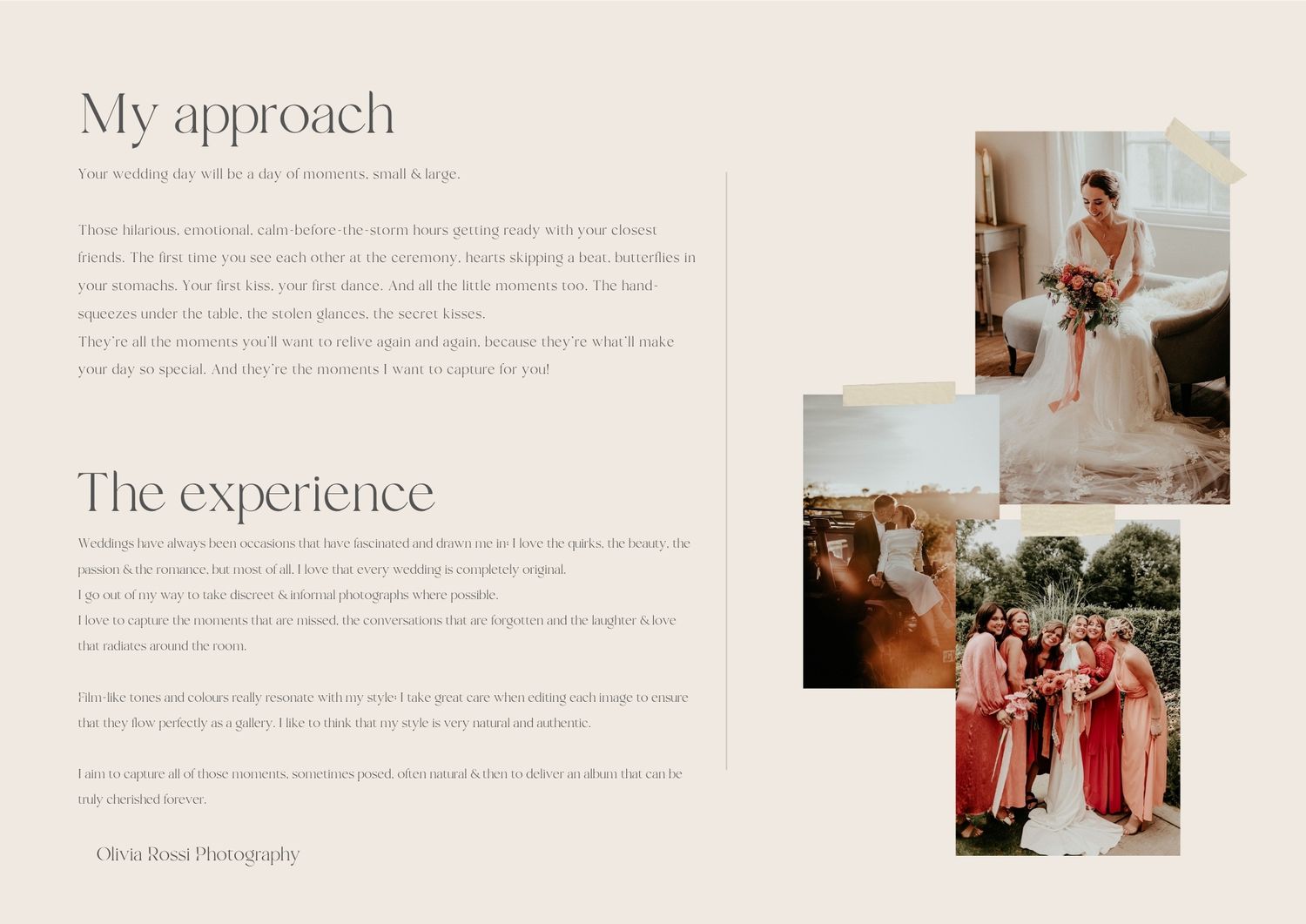 Photography services page layout showcasing candid bridal preparation and wedding party moments.