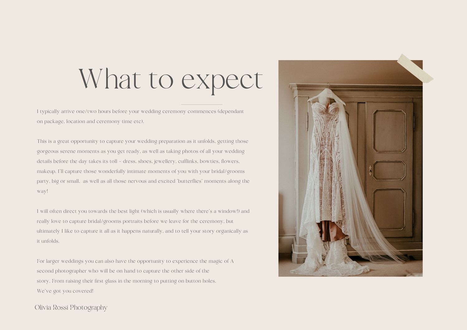 Clean minimalist web design layout with 'What to expect' text and wedding dress imagery.