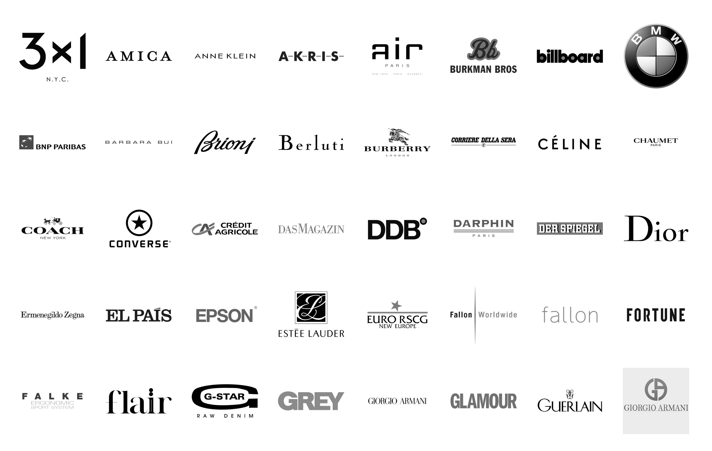 Collection of luxury fashion and media brand logos including BMW, Dior, and Billboard in monochrome.