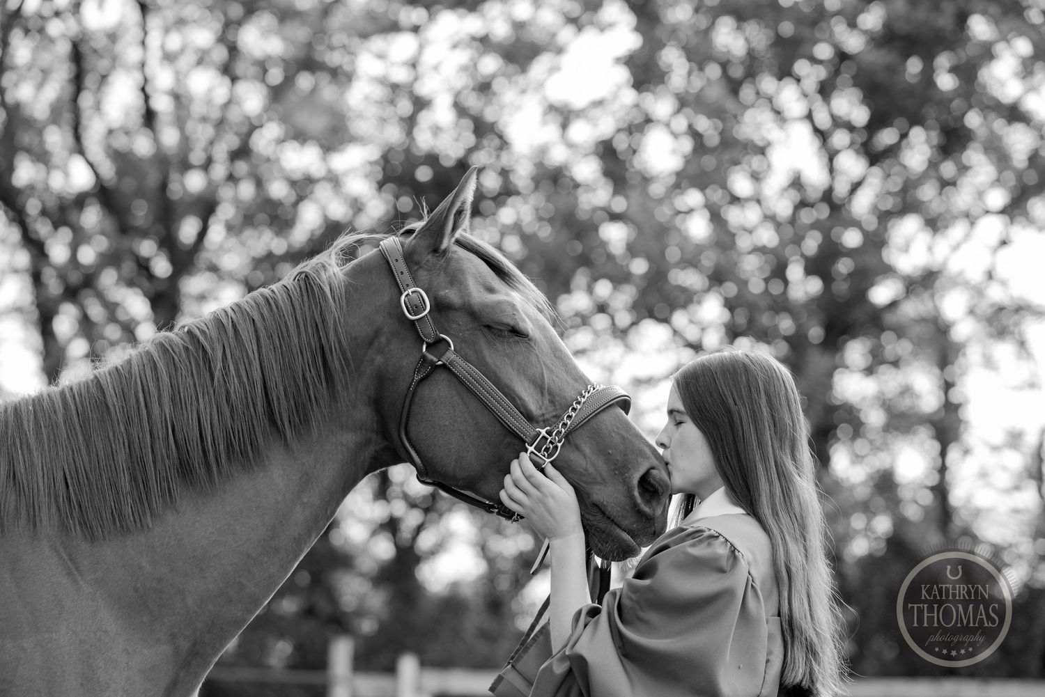 A black and white photo showing a tender moment between a person and a horse in a natural outdoor setting.