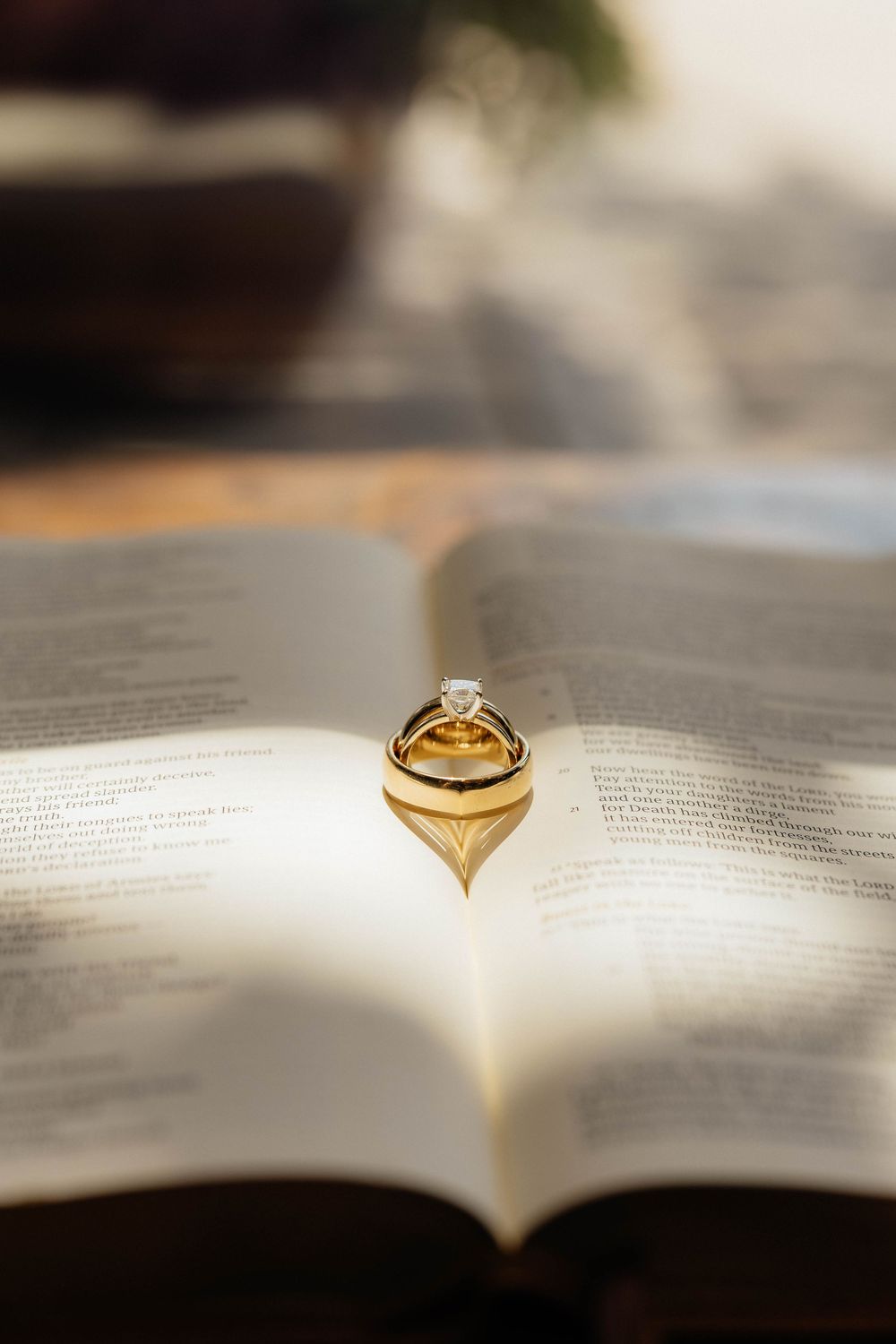 Gold wedding rings resting on an open Bible, casting a heart-shaped shadow in warm sunlight.