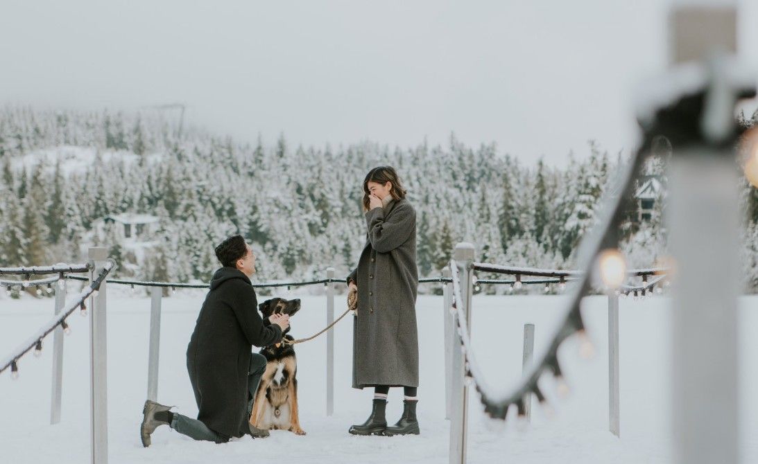 A snowy winter engagement photo session showing a couple playing and embracing in deep white snow.