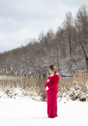 Maternity photo of woman in red dress standing in snowy landscape with cattails.