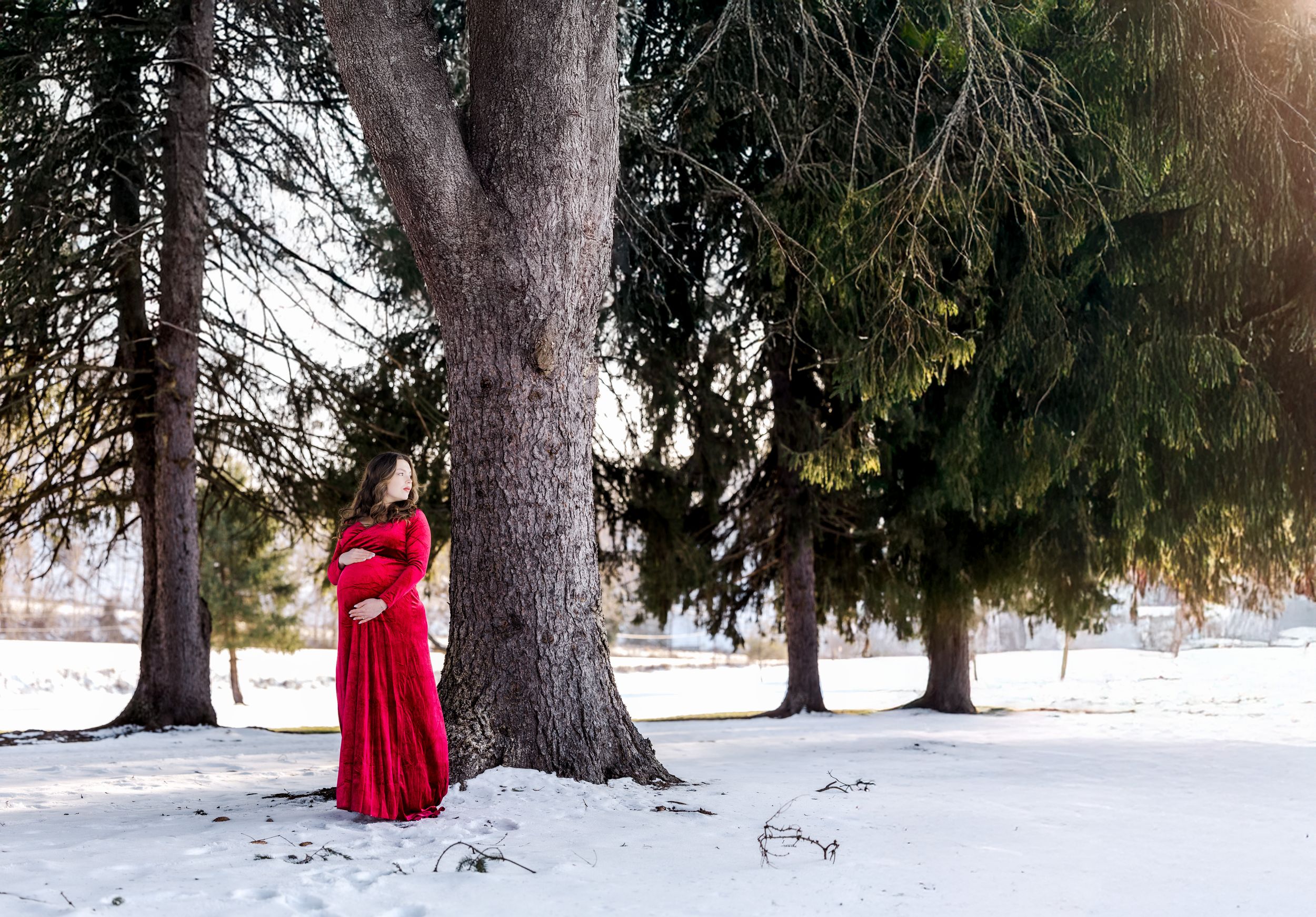 Red dress creates dramatic contrast against snowy forest setting.