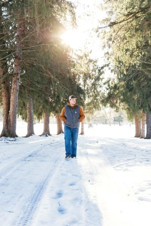 Person walking on snowy path between evergreen trees with sunlight shining through branches.