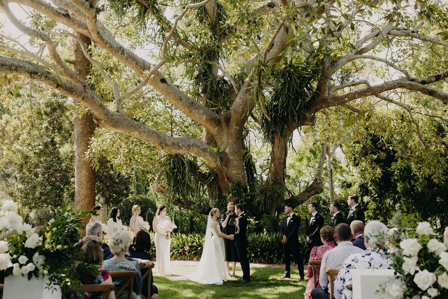 Wedding ceremony space under large trees with white chairs and floral decorations.