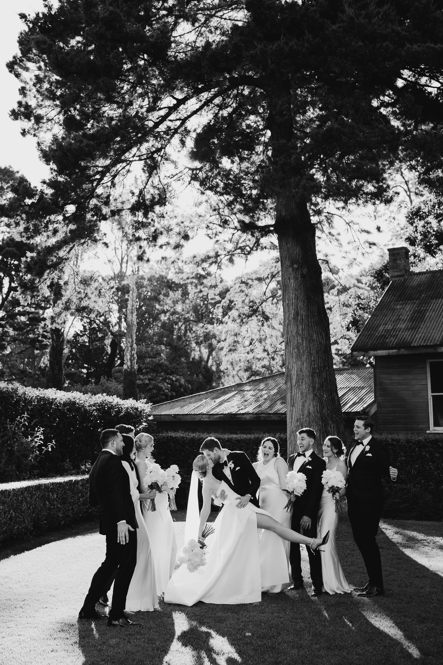 Black and white wedding party portrait under tall pine trees with rustic cabin in background.