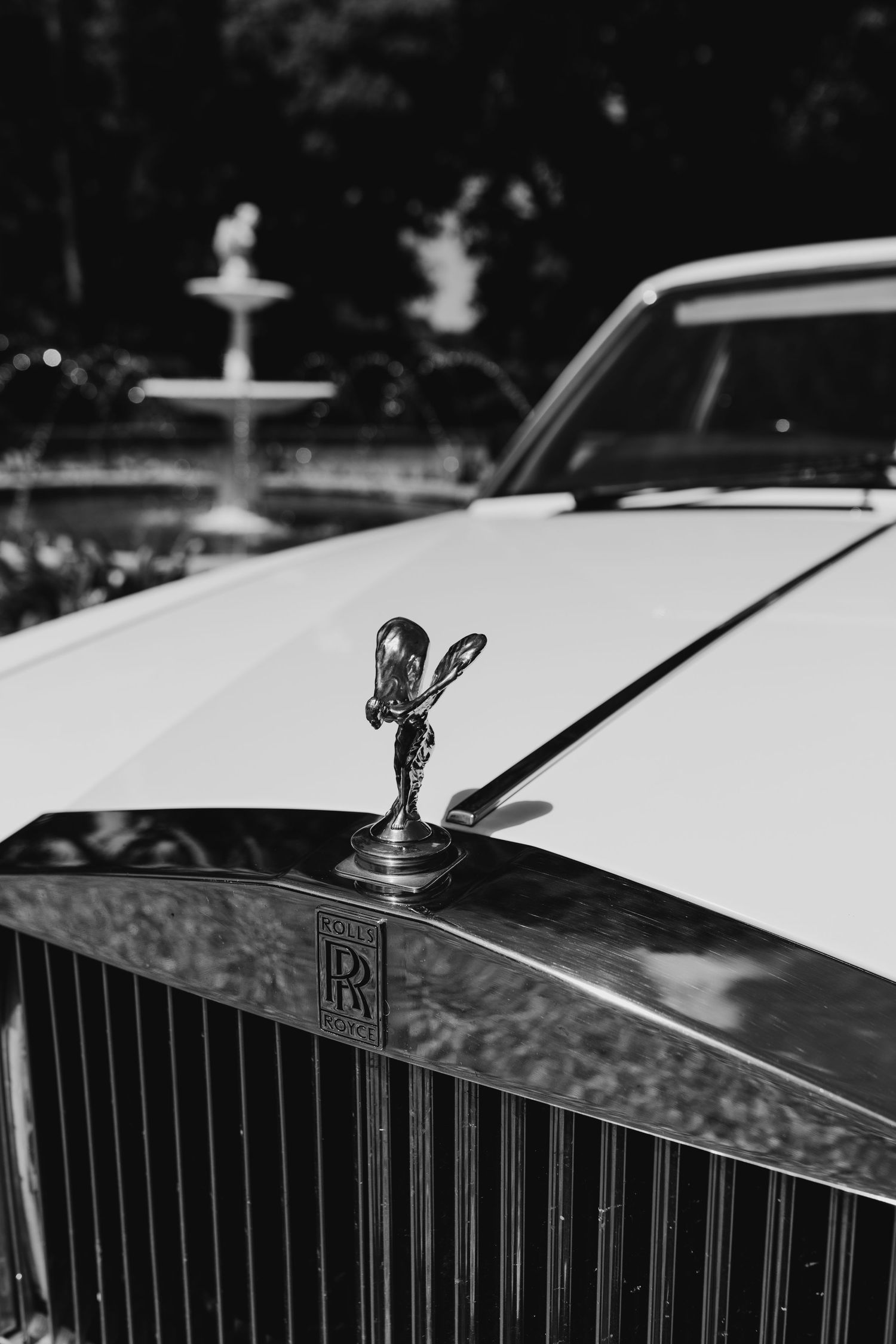 Close-up details of classic Rolls Royce hood ornaments and grille in black and white.