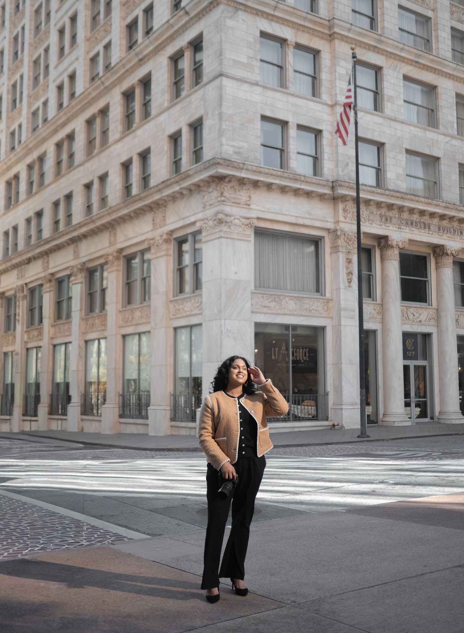 Artistic photo series against stone building exterior with architectural details.