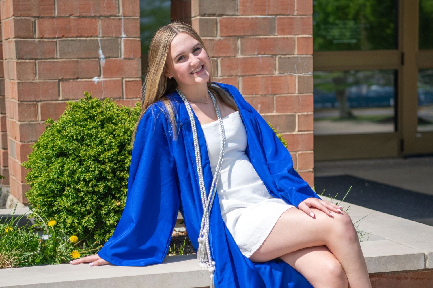 Graduate in royal blue graduation gown sits smiling on brick ledge near green shrubs on sunny day.