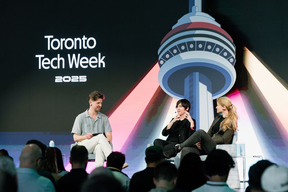 A series of stage photos showing silhouetted presenters on stage with tech conference backdrop lighting and banners.