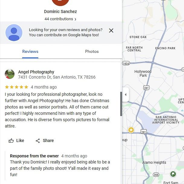 Google Maps review screenshot showing photographer location and business details in San Antonio.