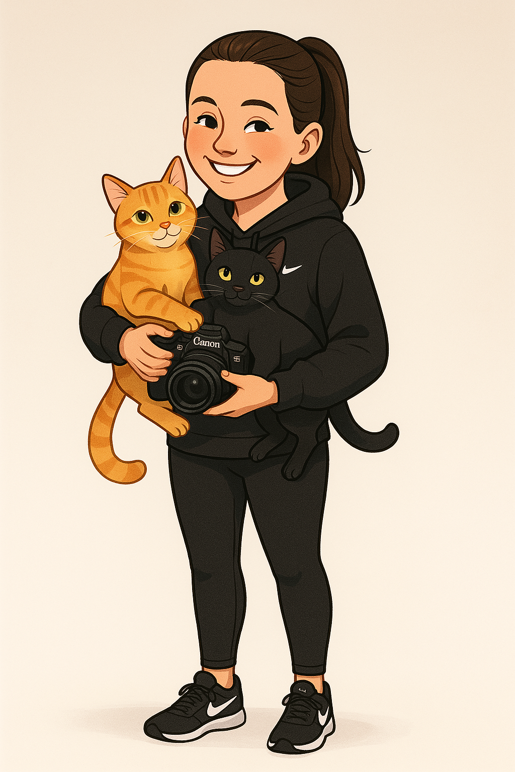 Cartoon illustration of a photographer in a black Nike hoodie holding an orange tabby cat and black cat with a camera.
