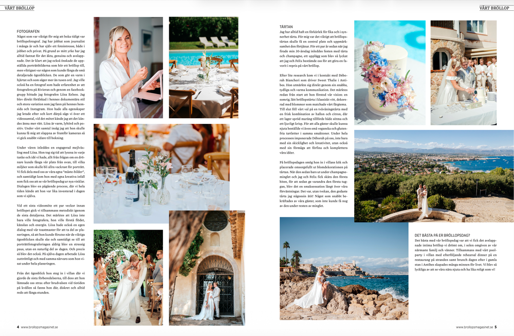 A beautiful magazine spread layout showcasing Mediterranean destination wedding photography with coastal views and venue details.
