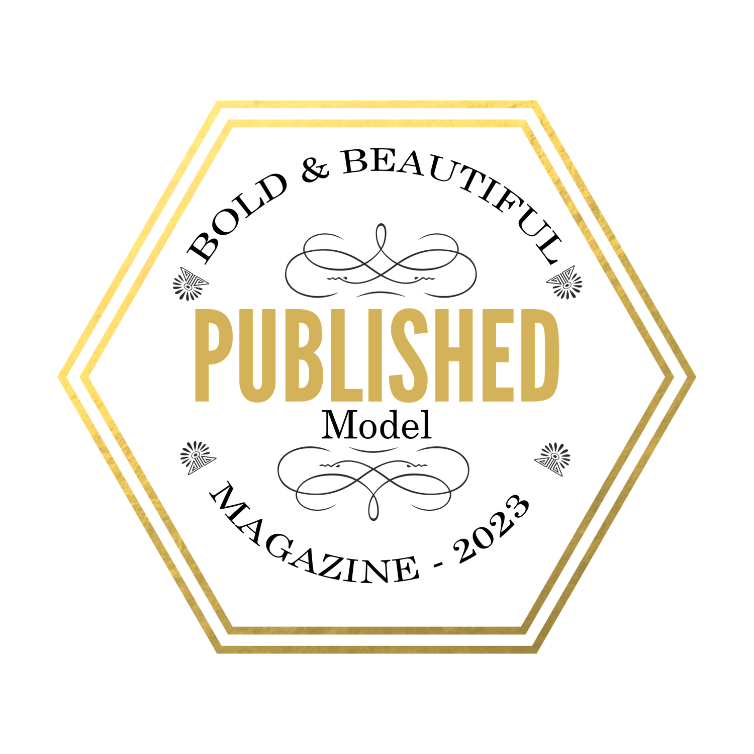 Gold hexagonal badge with published text and ornamental flourishes on black background.