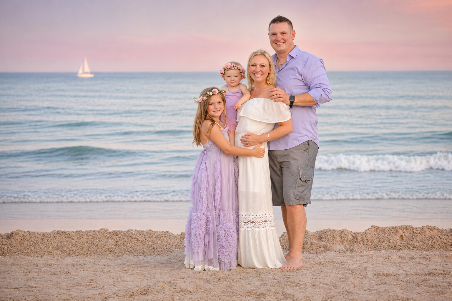 Happy family of four posing on beach at pastel sunset with sailboat in background.