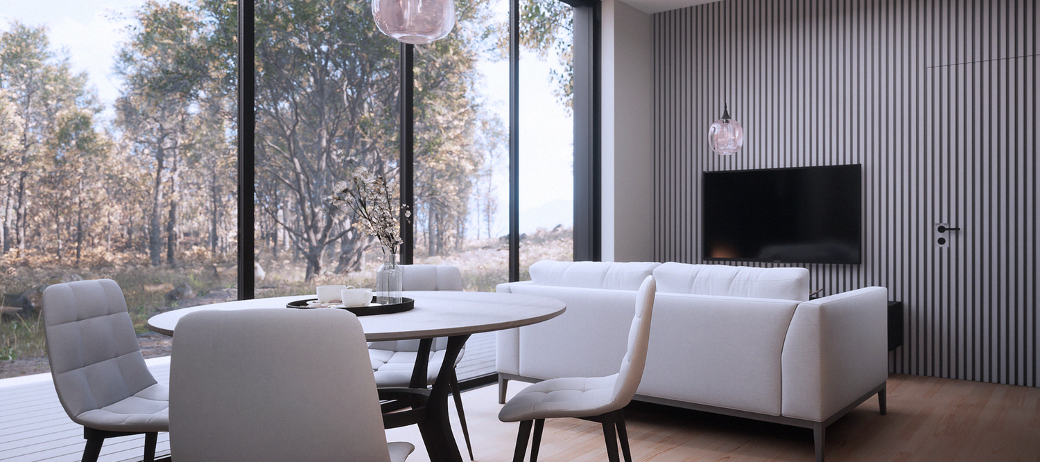 Modern minimalist bedroom design with glass walls and neutral color scheme viewed from outside.