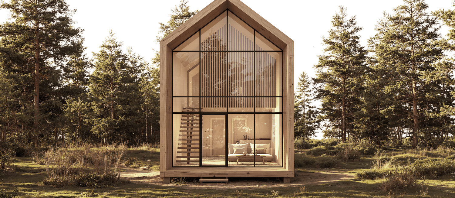 Modern minimalist bedroom design with glass walls and neutral color scheme viewed from outside.