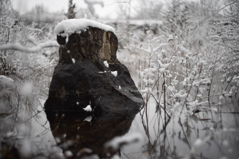 snow covered rock in pond