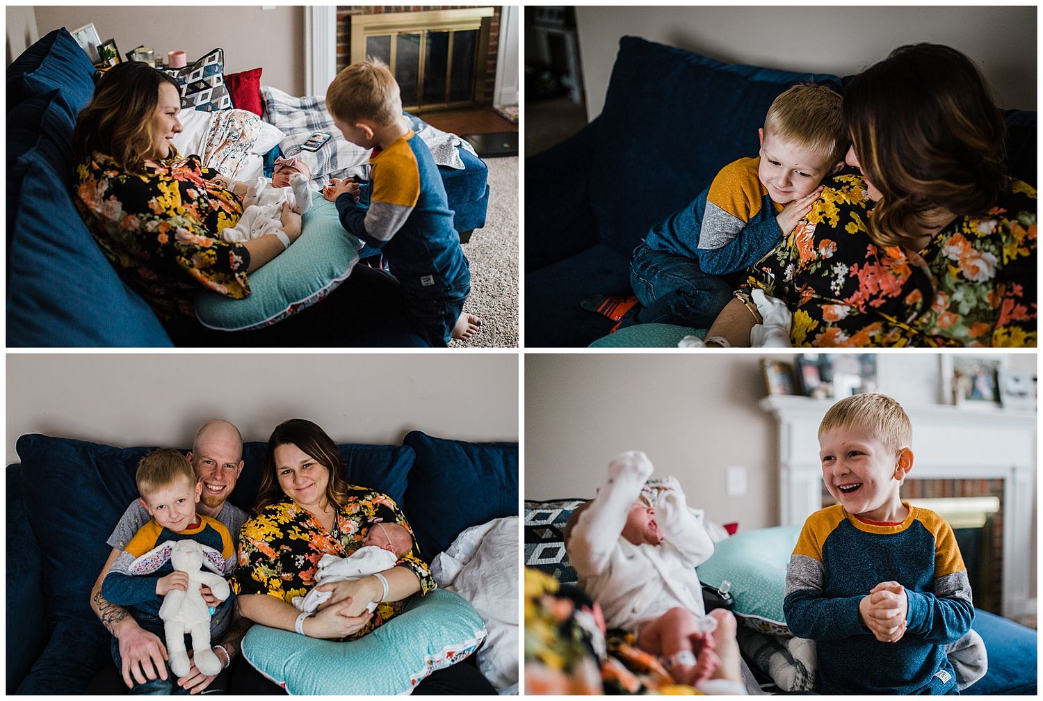 A family shares intimate moments together on a blue couch with their newborn.