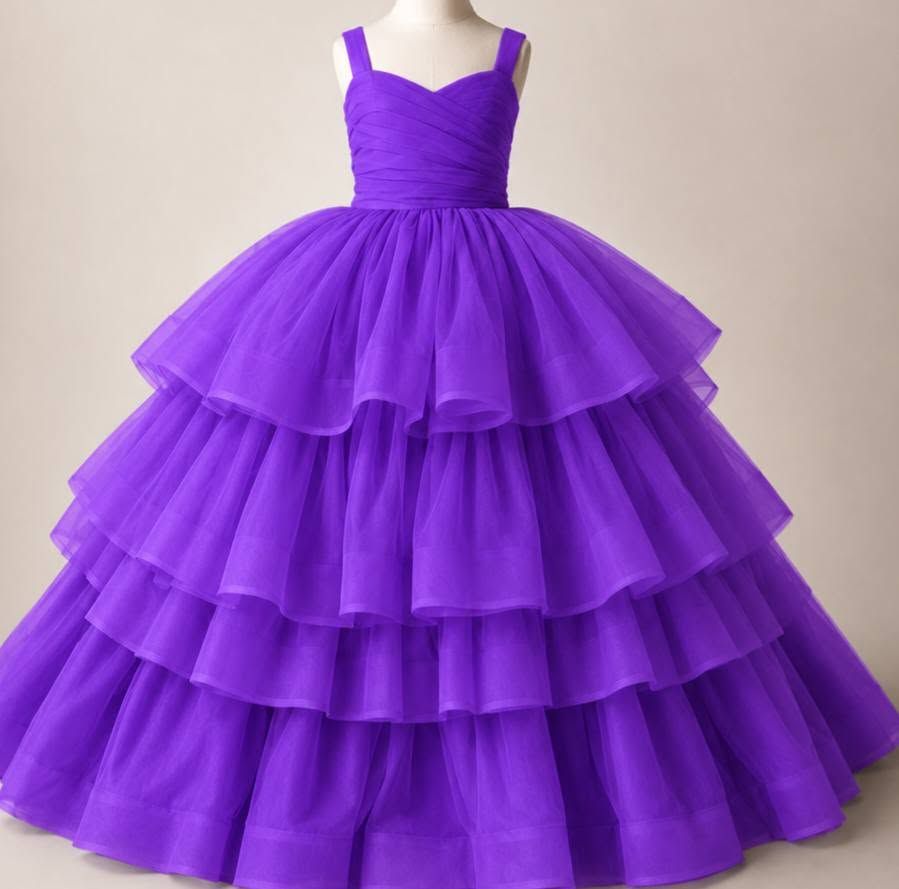 A girl in a flowing purple lace dress stands on a path surrounded by blooming pink flowers in a dreamy garden setting.