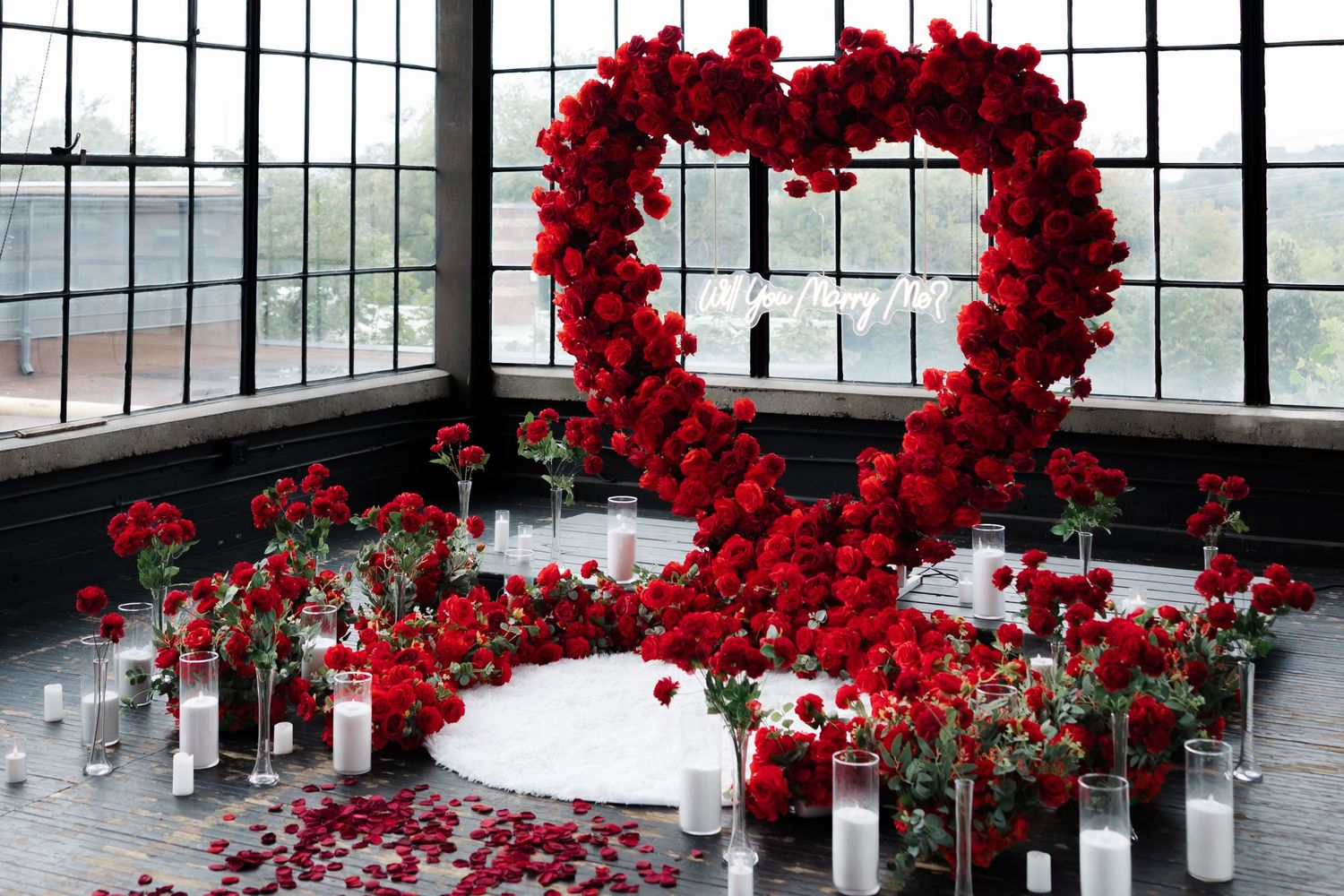 ndoor luxury proposal setup designed for a romantic surprise