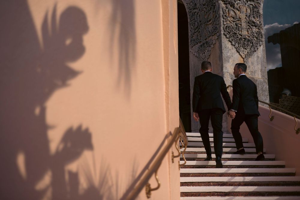Two silhouetted figures climb stairs while dramatic plant shadows cast on a peach-colored wall.