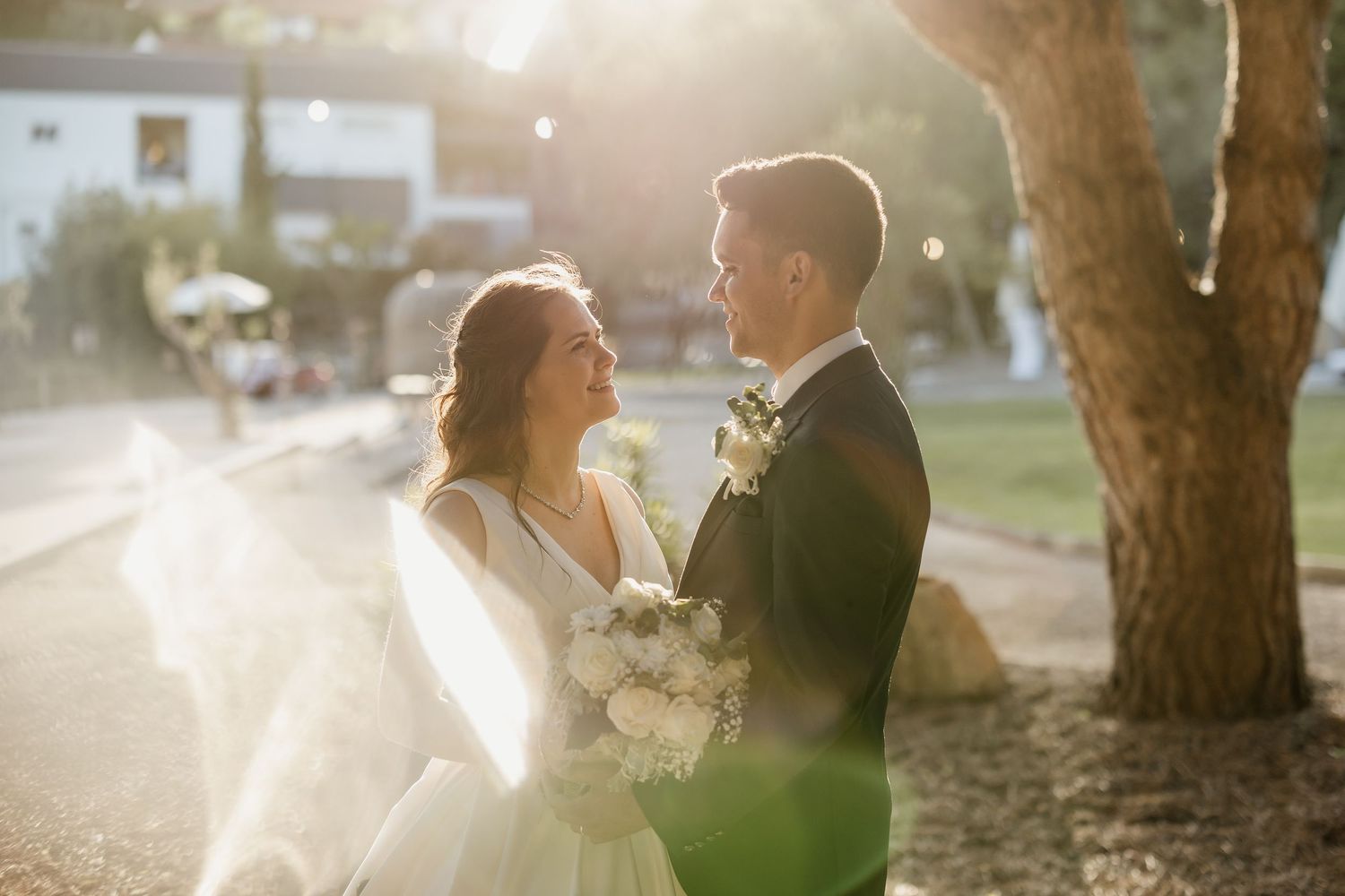 A romantic sunset moment between newlyweds in a vineyard with golden sunlight streaming through.