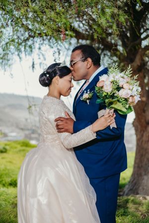 Newlyweds sharing intimate moment under tree with scenic mountain backdrop.