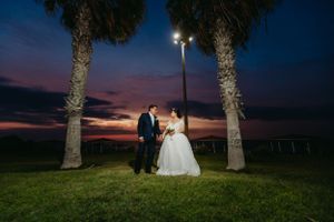 Wedding couple poses between palm trees under a dramatic sunset sky.