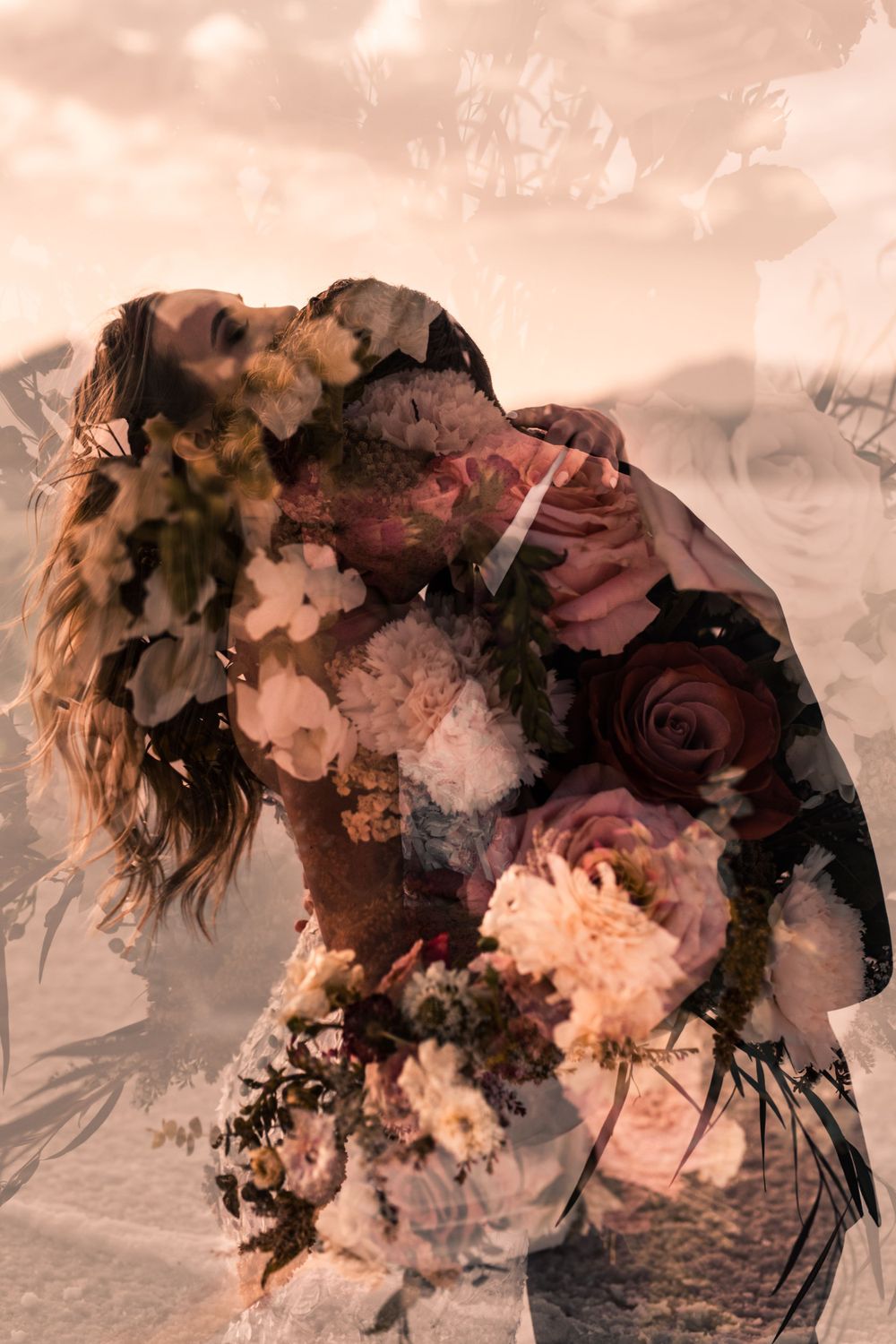 Double exposure portrait combining a silhouette with blooming flowers and roses in warm tones.