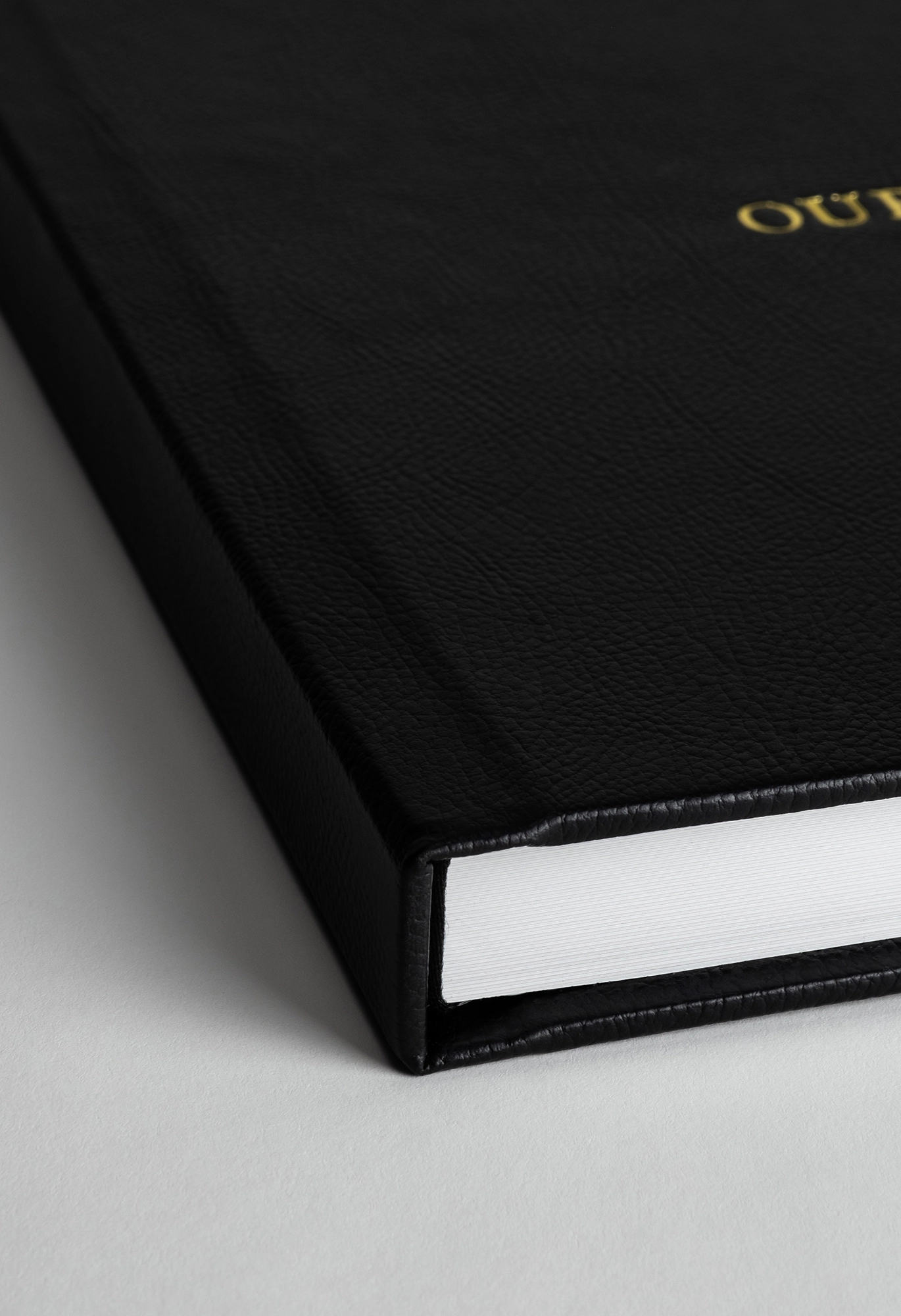 Detail shot of black leather book cover with gold text and white pages.