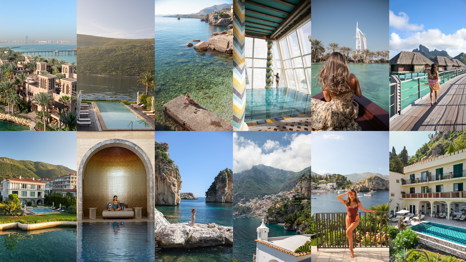 A photo collage of luxury travel destinations featuring coastal views, pools, and Mediterranean architecture.