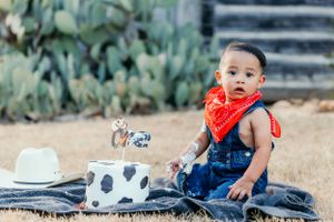 A toddler in denim overalls and red bandana sits on a blanket outdoors with a western-themed picnic setup.