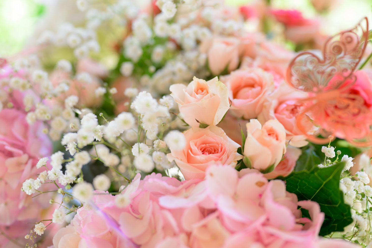 Delicate pink roses and baby's breath arranged in a soft, romantic floral arrangement.