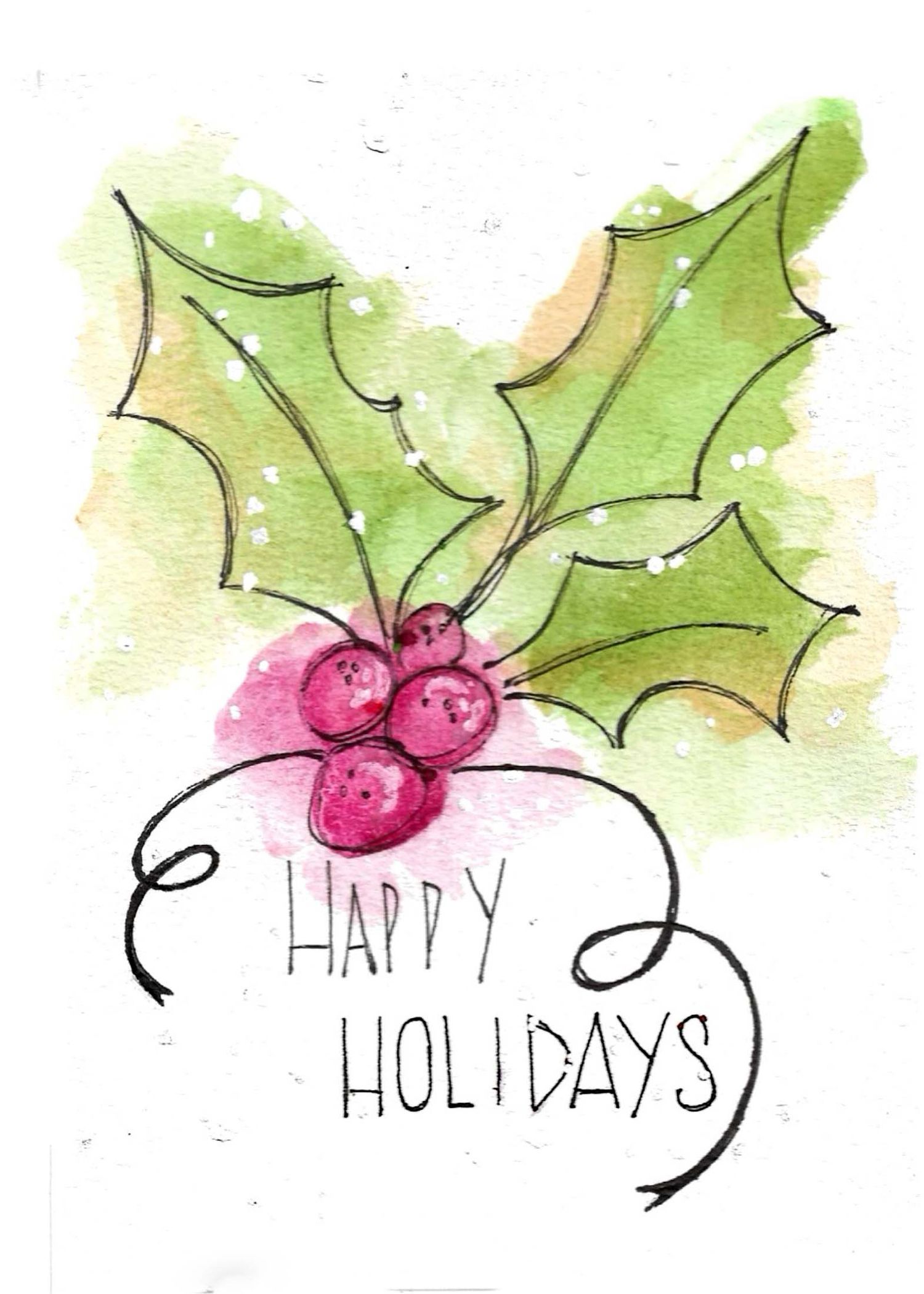 Watercolor holly berries and leaves with Happy Holidays text in simple sketched style.