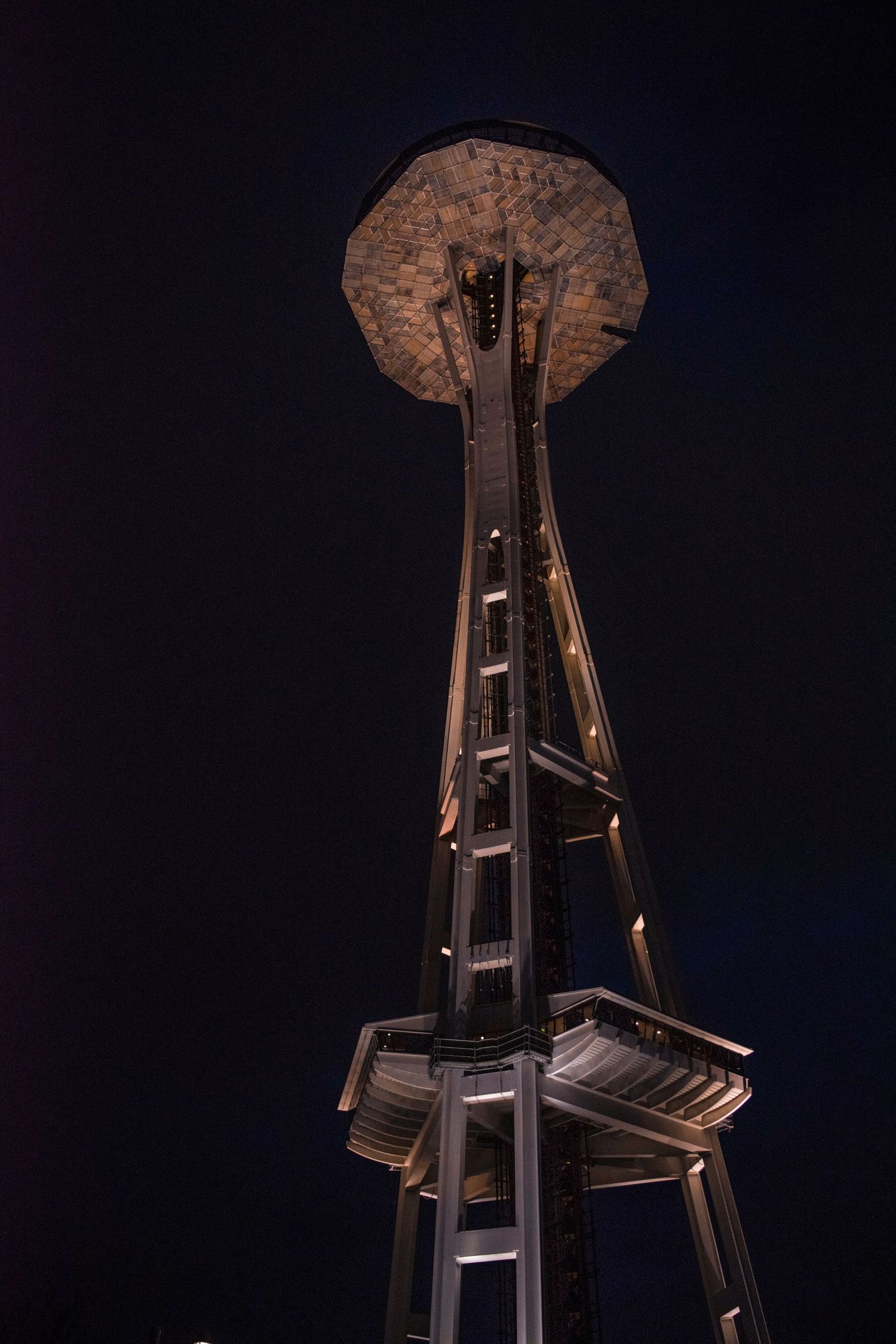 Seattle's iconic Space Needle illuminated against a dark night sky.