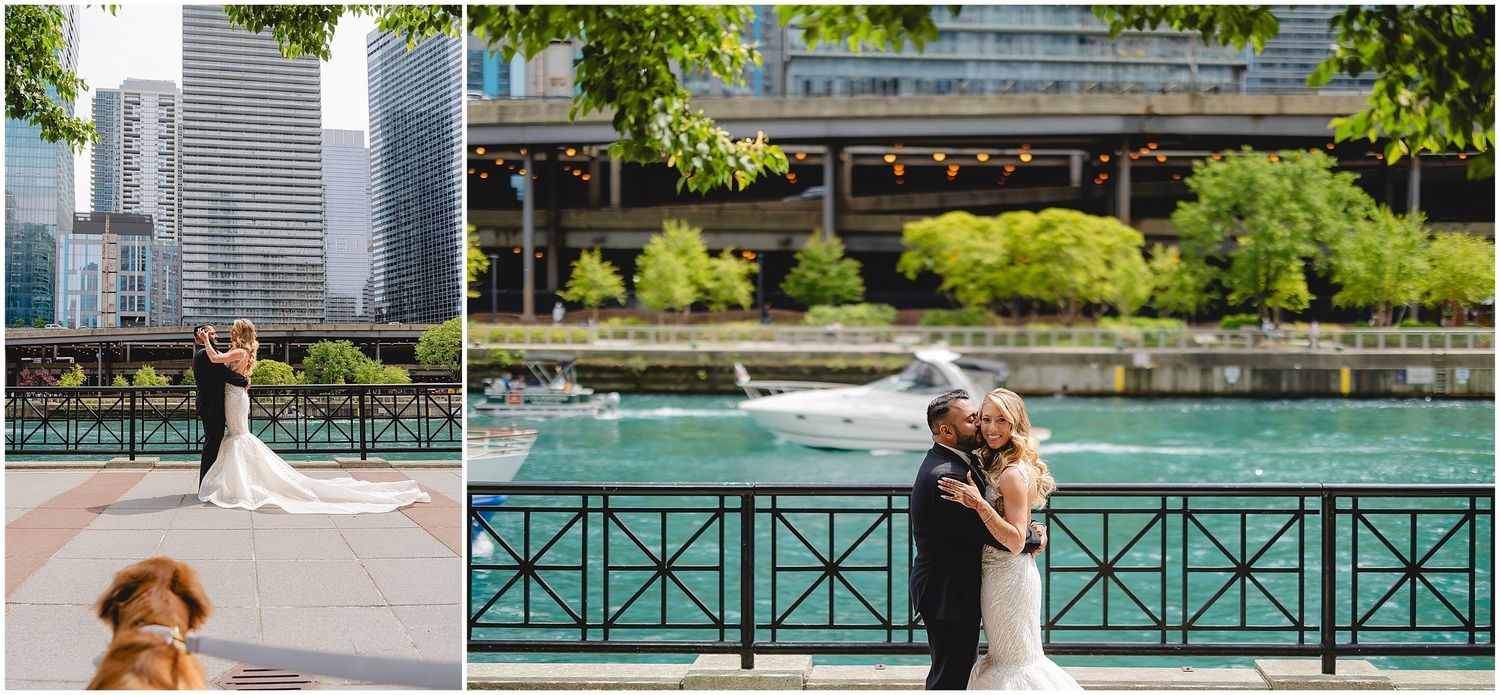 Modern city wedding photography along a waterfront with glass buildings and greenery.