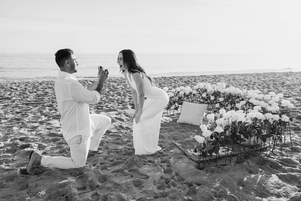 A black and white capture of a romantic beach proposal with tropical scenery.