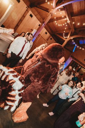 Person in large brown bear mascot costume entertaining guests at a rustic barn wedding reception with string lights.