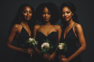 Three bridesmaids in elegant black dresses hold white bouquets against a dark background in dramatic lighting.