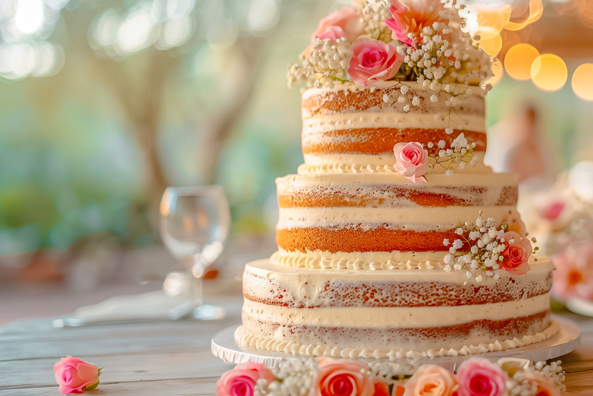 Elegant three-tiered naked wedding cake decorated with pink roses and baby's breath flowers on a rustic table setting.