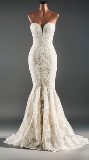 Elegant strapless white lace mermaid wedding dress with intricate embroidery and sweetheart neckline displayed on mannequin.
