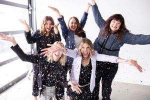 Dynamic shots of people throwing snow or confetti against white studio backdrop.